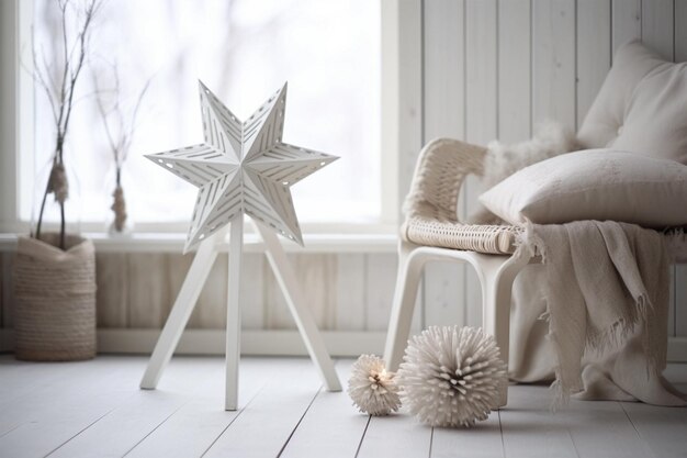 Interior escandinavo mínimo con bosque de nieve detrás de la ventana decoración de madera y estrella