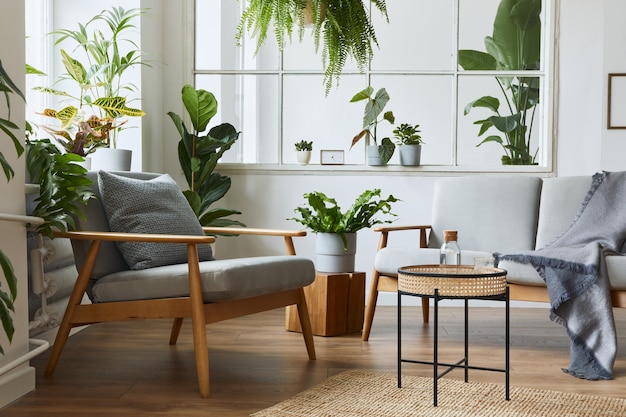 Interior escandinavo moderno de sala de estar com sofá cinza design, poltrona, muitas plantas, mesa de centro, carpete e acessórios pessoais em uma decoração aconchegante.