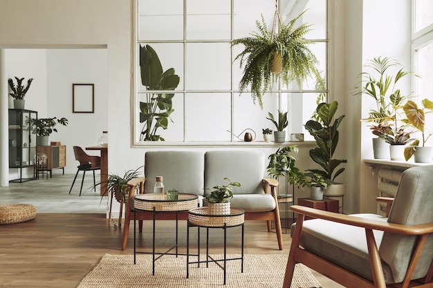 Interior escandinavo moderno de sala de estar con sillón de sofá gris de diseño, muchas plantas, mesa de café, alfombra y accesorios personales en una decoración casera acogedora Plantillas