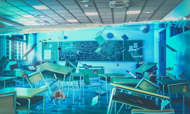 Interior de una escuela con pupitres y sillas flotantes. interior inundado de peces. concepto de problemas en la escuela. Render 3D.