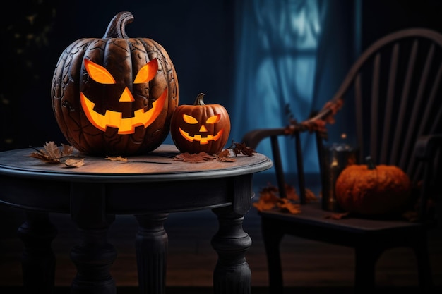 Interior escuro da casa decorado para teias de velas de Halloween Pumpkins e aranhas geradas por IA