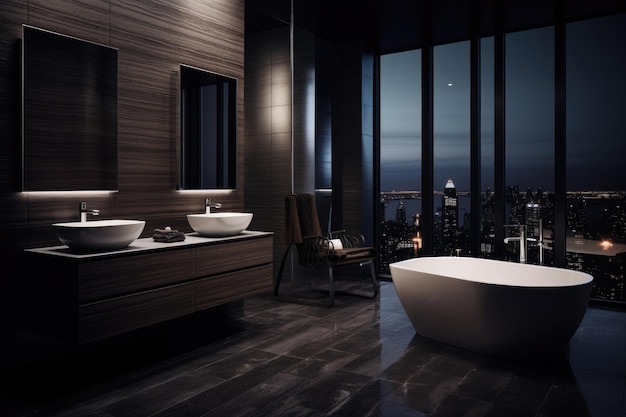 Interior escuro do banheiro com banheira branca de paredes de madeira preta