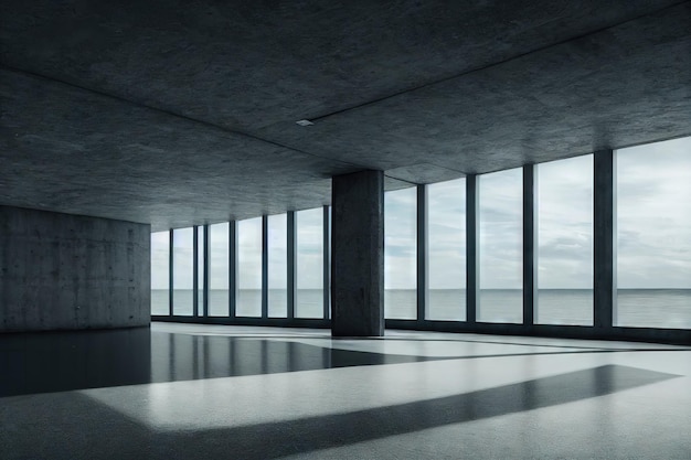 Interior de espacio abierto de hormigón vacío con luz solar