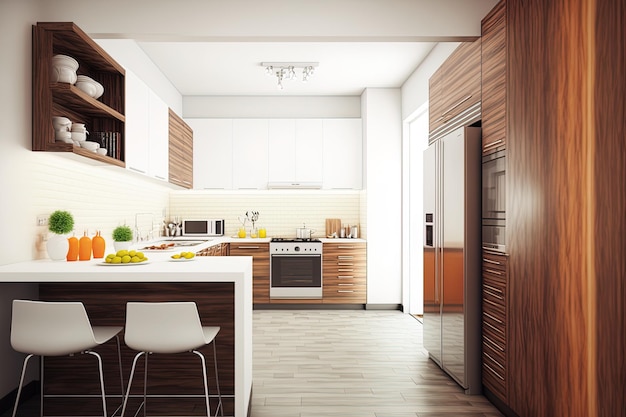 Interior de un espacio de cocina moderno y contemporáneo madera y colores blancos