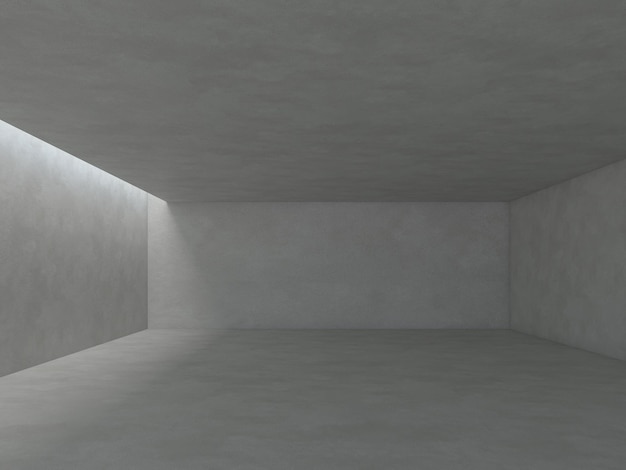 Interior de espacio de hormigón vacío con renderizado 3d de luz solar y sombra