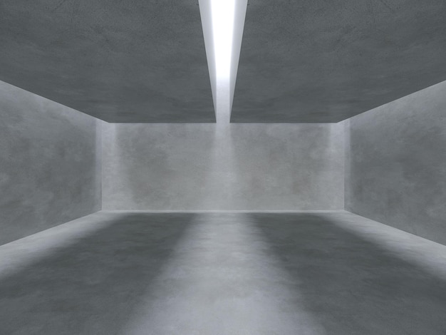Interior de espacio de hormigón vacío con renderizado 3d de luz solar y sombra