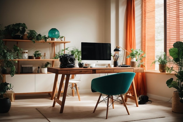 Foto interior de espacio de trabajo contemporáneo en una habitación moderna en casa a la luz del día horizontal sin disparos de personas