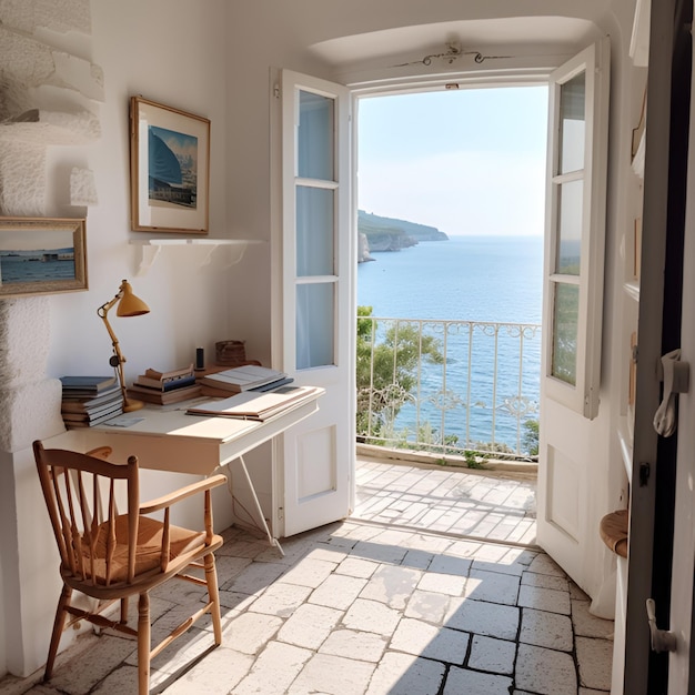 Interior del espacio de trabajo italiano Acogedor apartamento con ventana que deja que el sol brille con vistas al mar