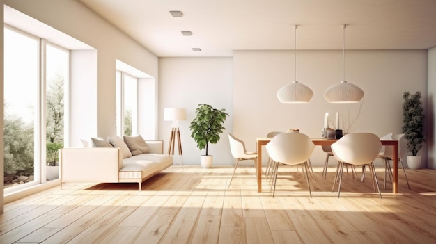 Interior de espaciosa moderna sala de estar blanca minimalista con comedor cómodo sofá comedor de madera