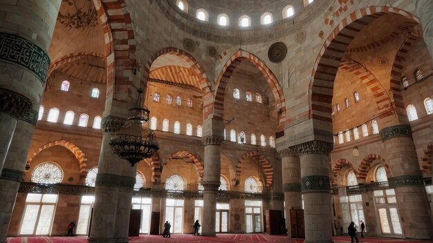 Interior espaçoso da mesquita com cúpulas de arcos e tapete vermelho