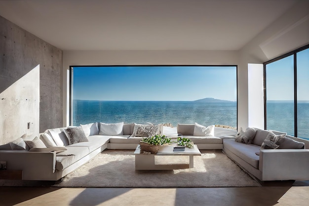 Interior espaçoso da moderna sala de estar em casa privada com bela vista da janela