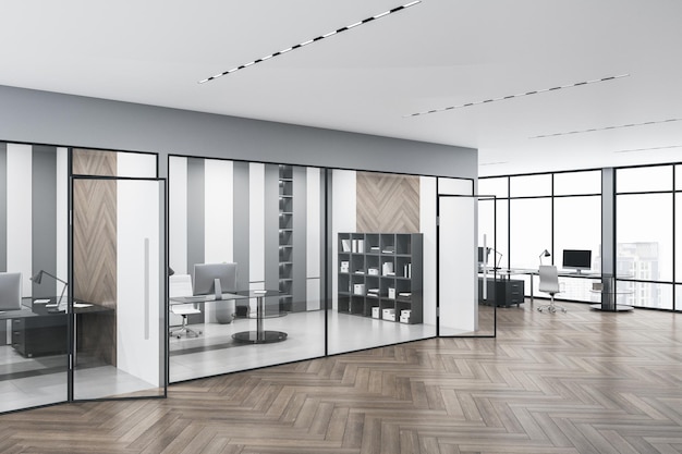 Interior espaçoso do escritório de vidro de concreto com luz do dia e piso de madeira Conceito de design do local de trabalho Renderização em 3D