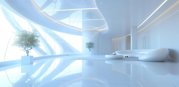 Interior espaçoso e brilhante com paredes curvas e grandes janelas O conceito de design minimalista