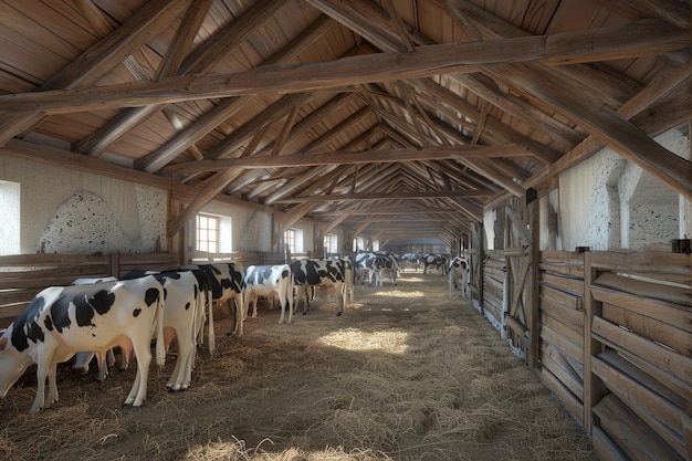 interior de un establo con un rebaño de vacas lecheras