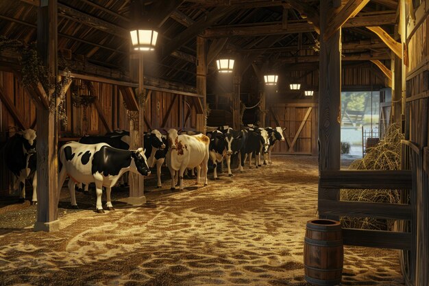 interior de un establo con un rebaño de vacas lecheras