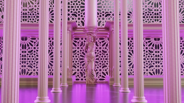 Interior con estatuas antiguas y columnas de oro y renderizado 3D arabesco