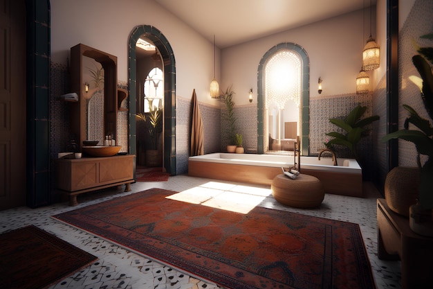 Interior de estilo árabe del baño de una casa. Contenido de IA generativa.
