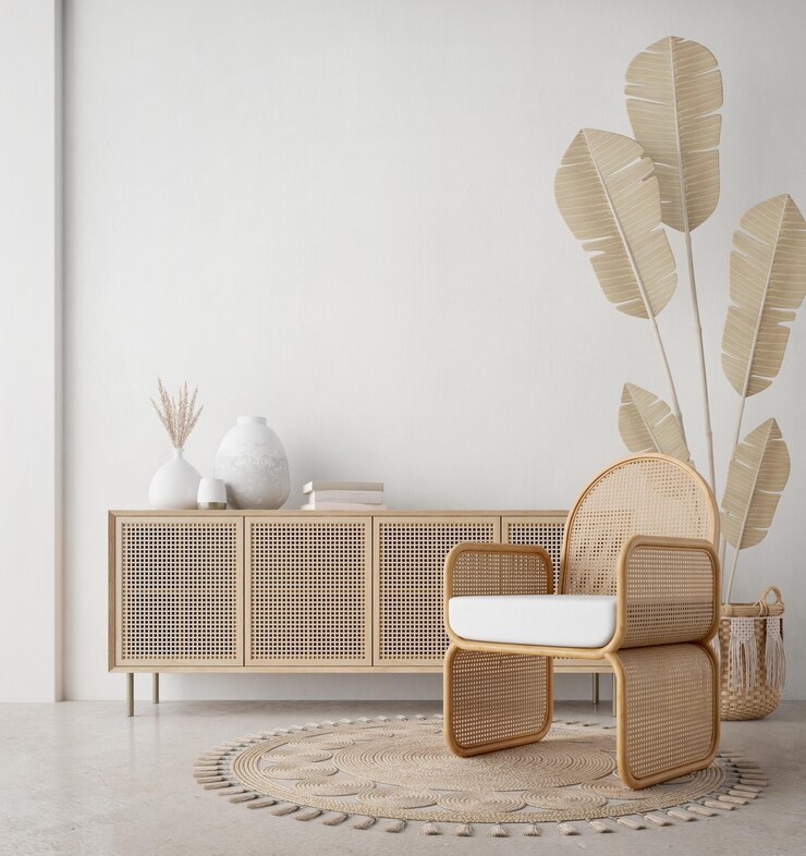 Interior de estilo boho con mesa de silla de madera y fondo de pared blanco