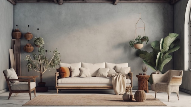 Interior de estilo boho con sofá gris y sillón en la pared de color crema IA generativa