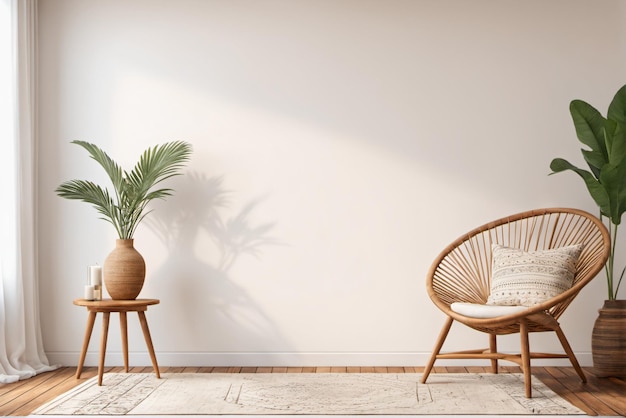 Interior de estilo Bohostyle con mesa y sillas de madera y un fondo de pared blanco