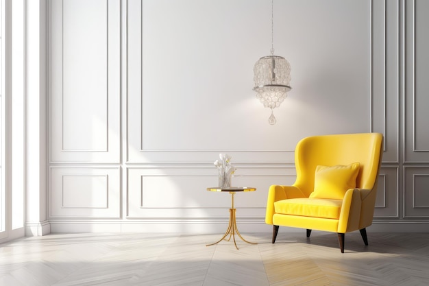 Interior de estilo clásico moderno blanco con sillón amarillo AI