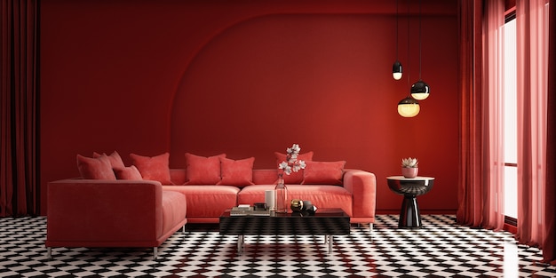 Interior de estilo clásico moderno con paredes rojas, sofá y lámpara