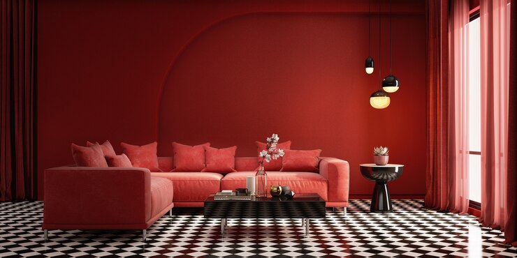 Interior de estilo clásico moderno con paredes rojas, sofá y lámpara