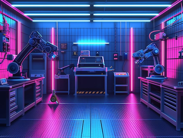 Interior de estilo industrial Taller cibernético con impresoras 3D diseño de brazo robótico concepto de diseño VR