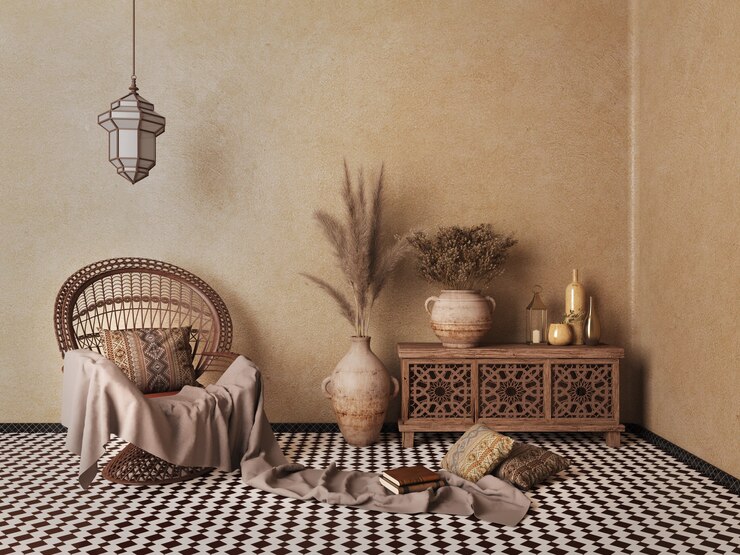Interior de estilo islámico árabe, silla de ratán, mesa, jarrones de flores secas con pared marrón y baldosa estampada