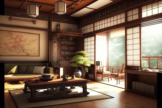 Interior de estilo japonés en casa de madera con decoración tradicional salón japonés