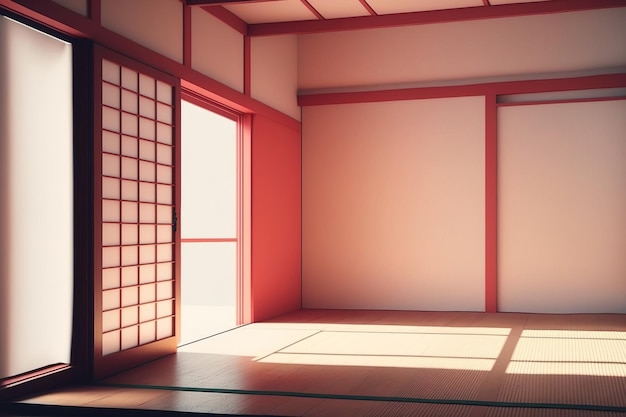 Interior de estilo japonés con una habitación vacía y suelo de tatami