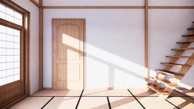 Interior de estilo japonés del primer piso de una casa de dos pisos.