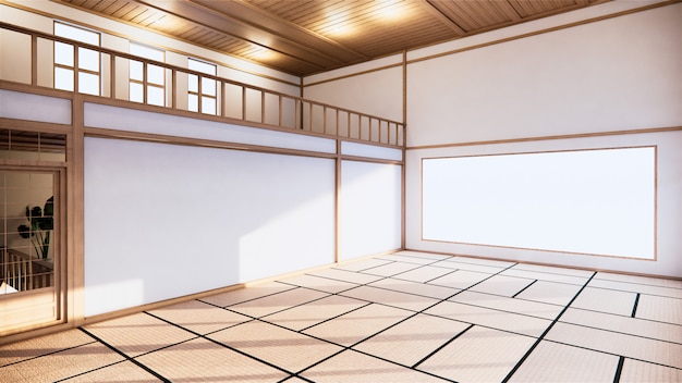 Interior de estilo japonés del primer piso de una casa de dos pisos.