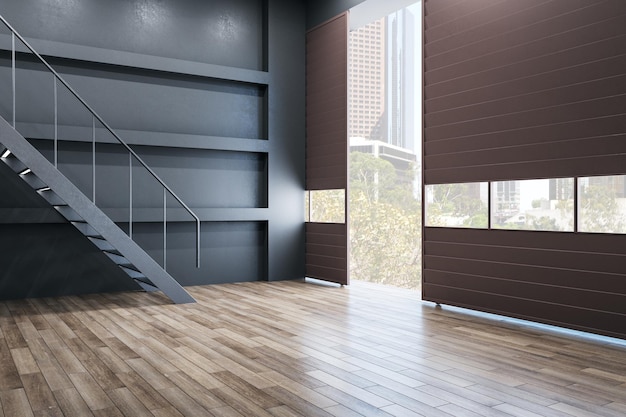 Interior de estilo loft minimalista con escaleras