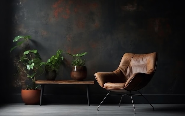 Interior estilo loft con sillón en una pared de cemento oscuro IA generativa