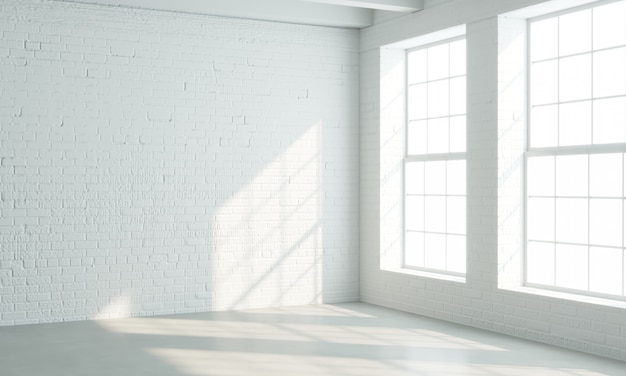 Interior de estilo loft con ventanas blancas.