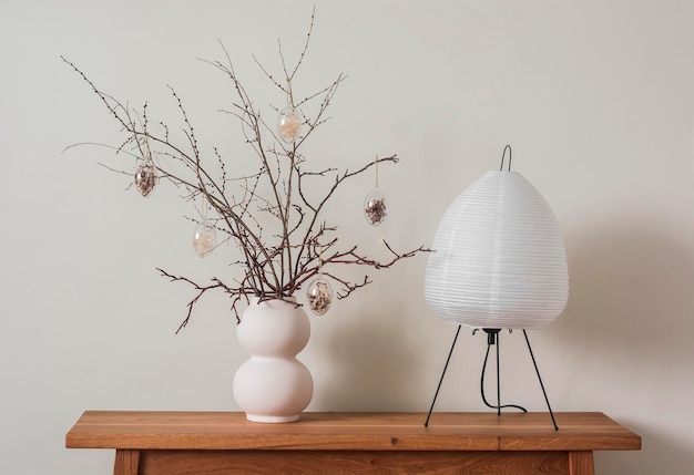 Interior de estilo minimalismo Ropa de Pascua en una lámpara de papel de jarrón de cerámica en un estante de madera