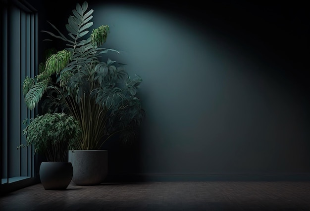 Interior de estilo minimalista con una gran habitación vacía de pared oscura con plantas en el suelo