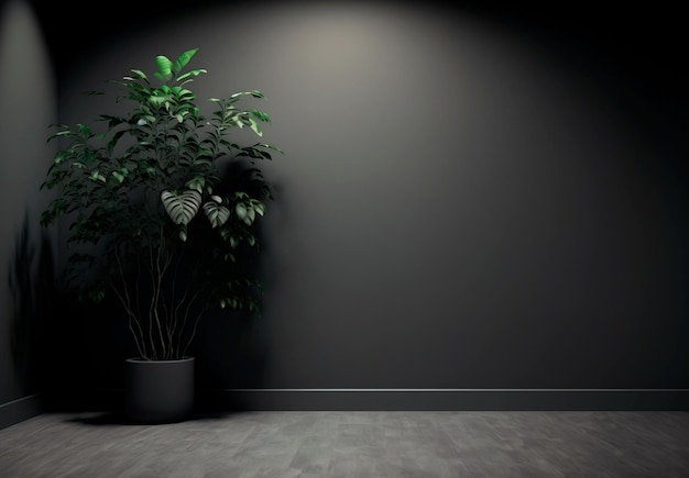 Interior de estilo minimalista con una gran habitación vacía de pared oscura con plantas en el suelo