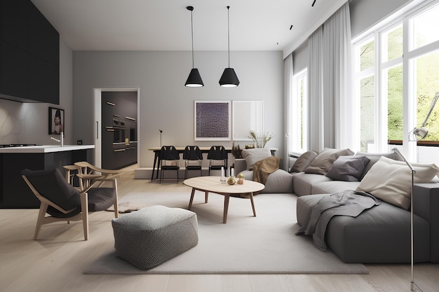 Interior de estilo Scandi de la sala de estar en una casa moderna Contenido de IA generativa