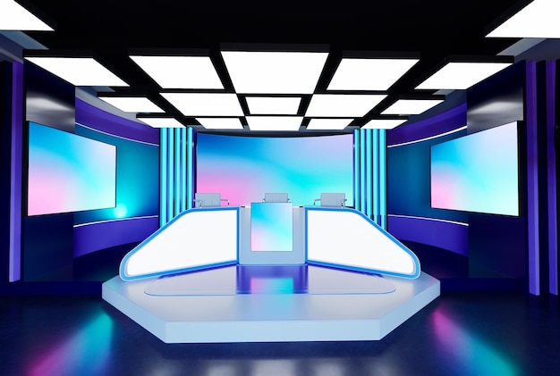 El interior del estudio 3D para la transmisión de noticias El conjunto de noticias del estudio de televisión virtual