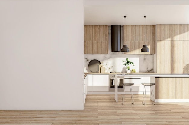 Interior de estudio de cocina de madera con pared en blanco