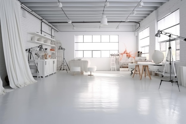 Interior del estudio fotográfico con un conjunto de equipos profesionales y lugar de trabajo en colores blancos AI Generado