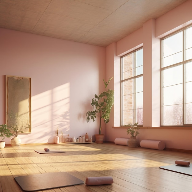 Interior del estudio de yoga con grandes ventanas y paredes rosadas