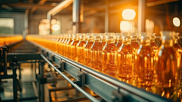 Foto interior de la fábrica de bebidas transportador con botellas para jugo o agua equipo moderno