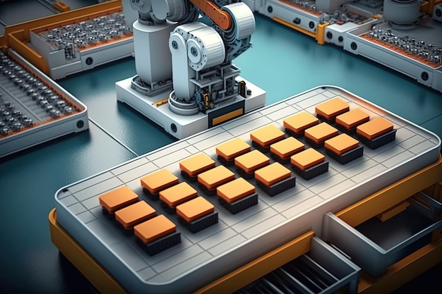 Interior de la fábrica de la industria Línea de ensamblaje de robots con módulo de celdas de batería de automóviles eléctricos en la plataforma IA generativa