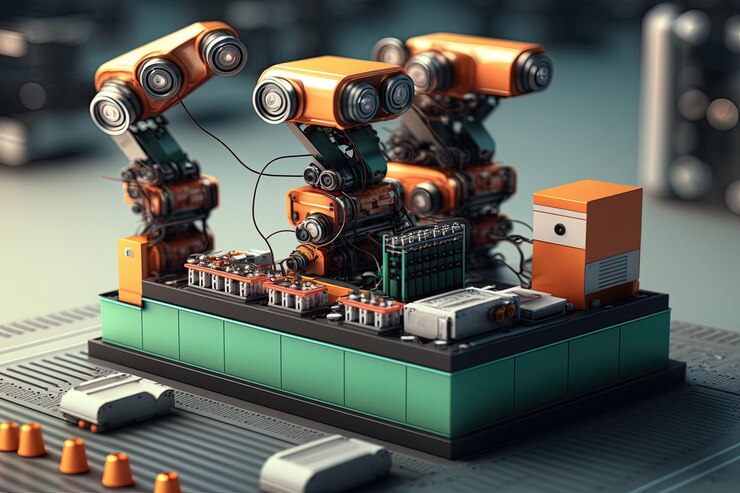 Foto interior de la fábrica de la industria línea de ensamblaje de robots con módulo de celdas de batería de automóviles eléctricos en la plataforma ia generativa