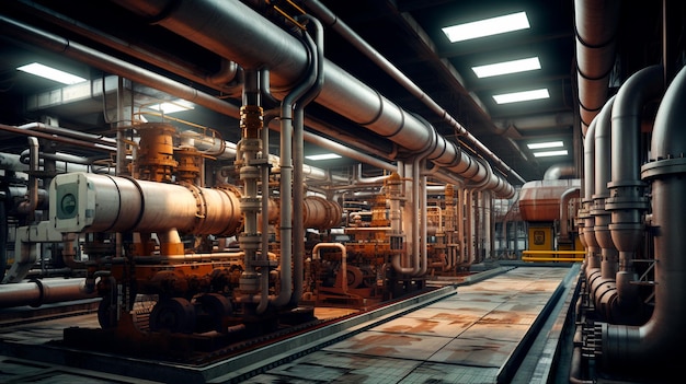 Foto interior de fábrica industrial con tuberías, válvulas, equipos, válvulas y tuberías.