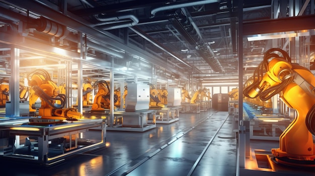 El interior de la fábrica inteligente muestra máquinas, estaciones de trabajo eficientes y líneas de producción automatizadas.