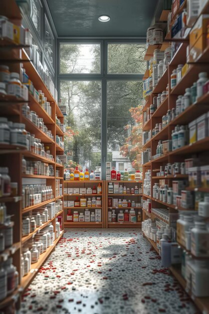 El interior de una farmacia moderna con estantes llenos de medicamentos